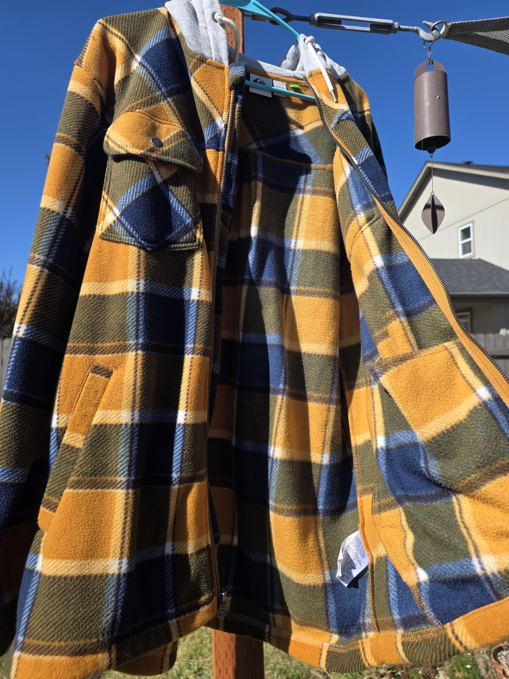 Quiksilver Mustard Yellow & Navy Plaid Hooded Zip Jacket - Picture 2 of 3